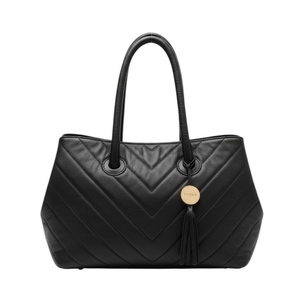 Furla Quilted Black Leather Tote Bag Tassel Charm Shoulder EUC Luxe Classic 🖤✨